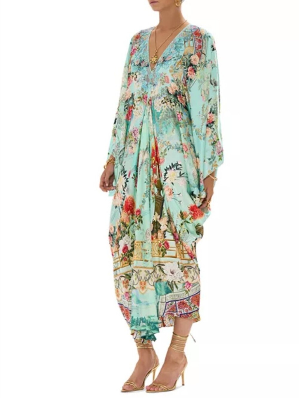 Camilla Caftan Dress, NEW! 100% SILK, Sky Blue tones, Scenic, Crystals